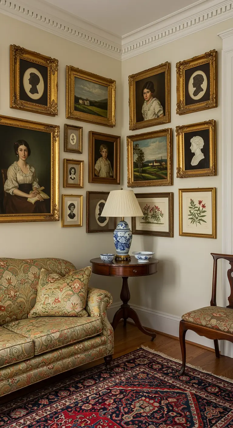 Klassieke woonkamerhoek met een galerijmuur van schilderijen in gouden lijsten die de hoek omgaat.
