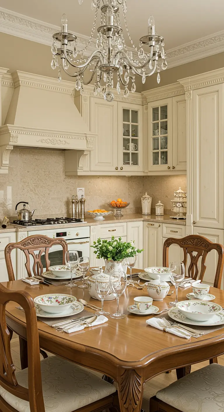 Klassieke crèmekleurige keuken met elegant bloemetjesservies en kristallen glazen.