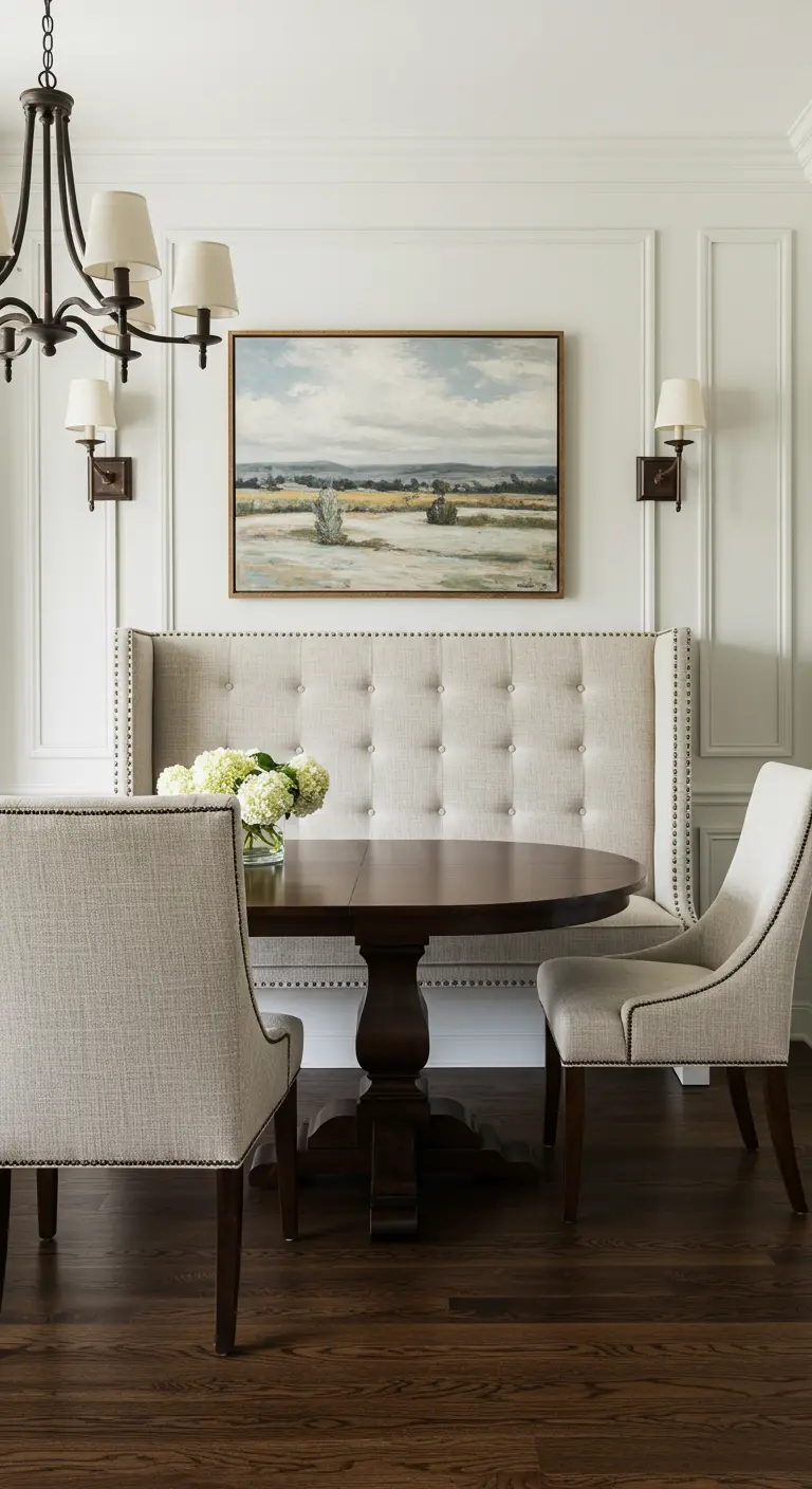 Elegante, klassieke eethoek met hoge gecapitonneerde bank en donkerhouten ovale tafel.