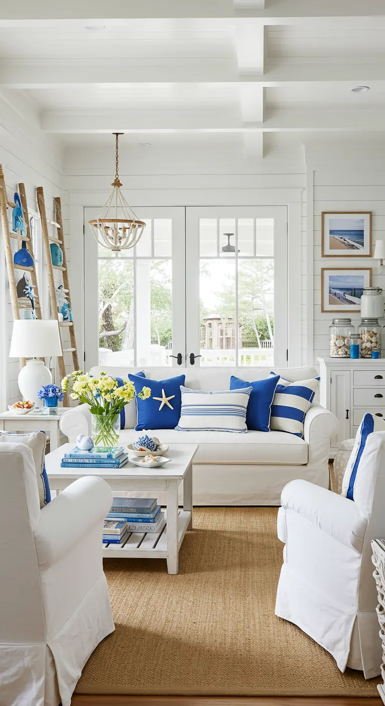 Klassiek witte woonkamer met blauwe kussens, juten kleed en decoratieve ladder.