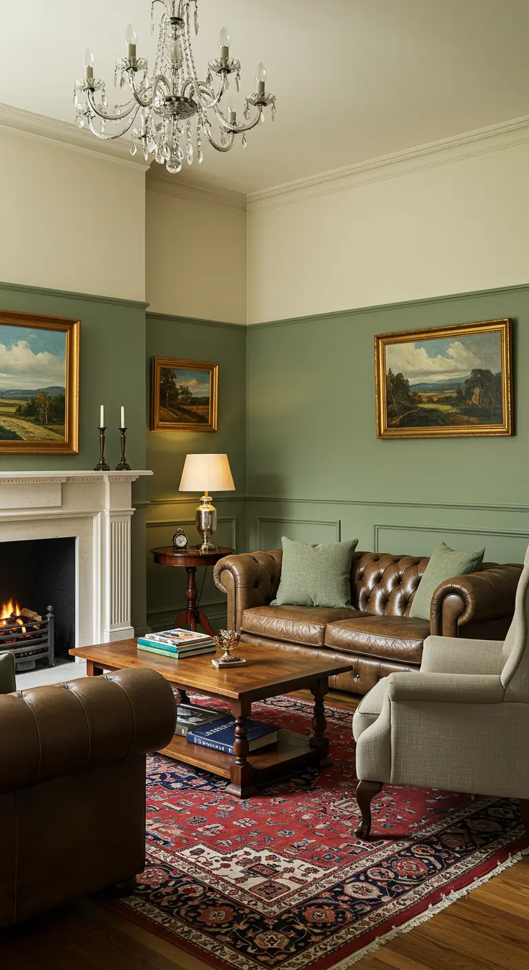 Klassieke woonkamer met olijfgroene ondermuur als lambrisering en crème bovenmuur.