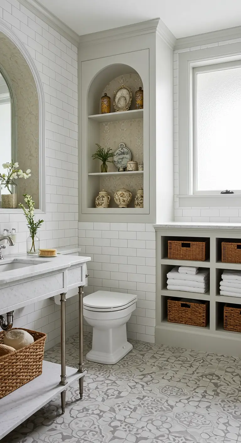 Witte badkamer met metro tegels, een nis en open vakkenkast met rieten manden.