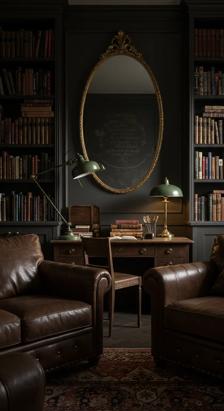 Ovale spiegel met een verfijnde gouden lijst in een donkere, klassieke studeerkamer met ingebouwde boekenkasten.