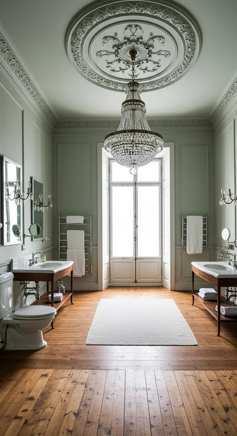 Klassieke badkamer met sierlijke plafondrozet en grote kristallen kroonluchter.
