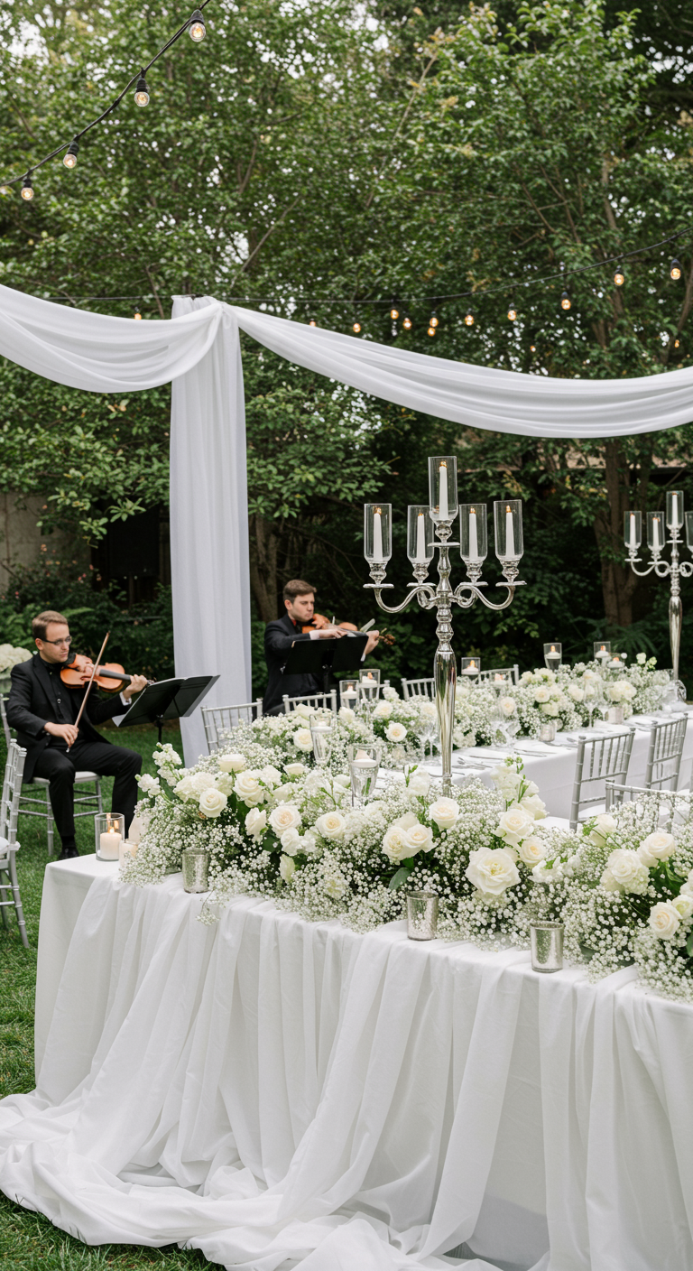Elegante hoofdtafel met een overvloed aan witte bloemen en zilveren kandelaren.