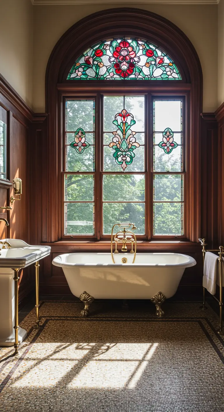 Klassieke badkamer met groot glas-in-lood raam met bloemmotieven boven vrijstaand bad.