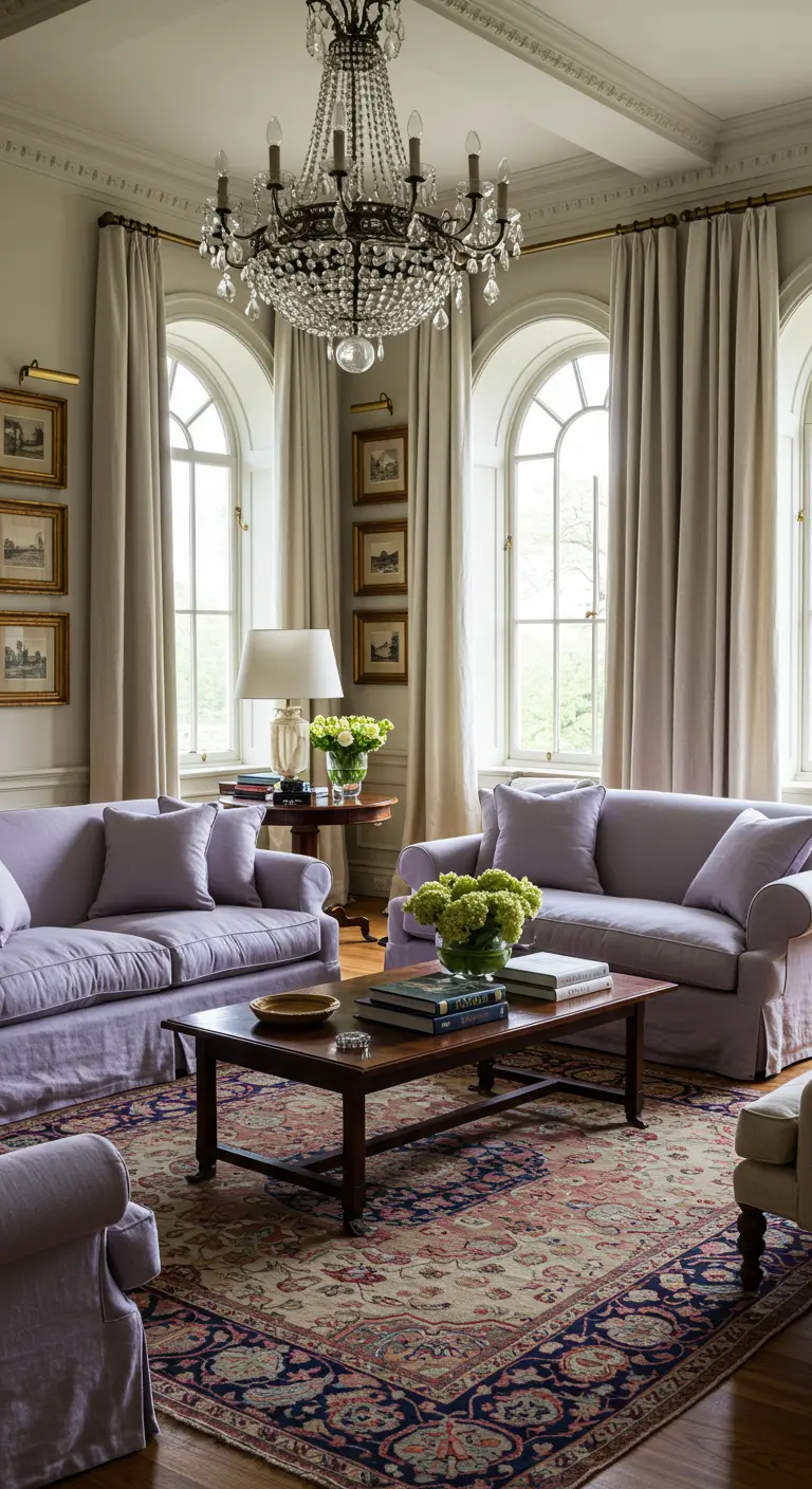 Grote klassieke woonkamer met lavendel banken, kristallen kroonluchter, bogen.