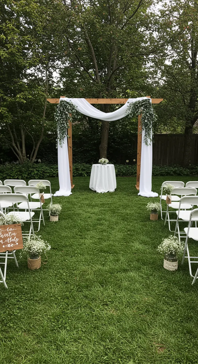 Eenvoudige houten trouwboog met witte draperie en gipskruid in tuin.