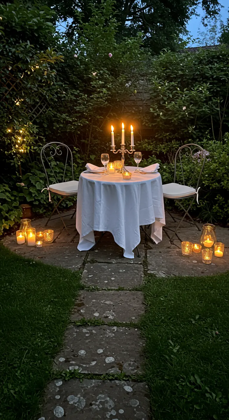Intiem tuindiner voor twee met kaarsen en witte tafelkleden.