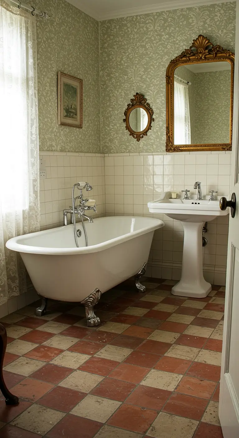 Klassieke badkamer met geruite terracotta en witte vloer, wit bad, groene behanglambrisering.