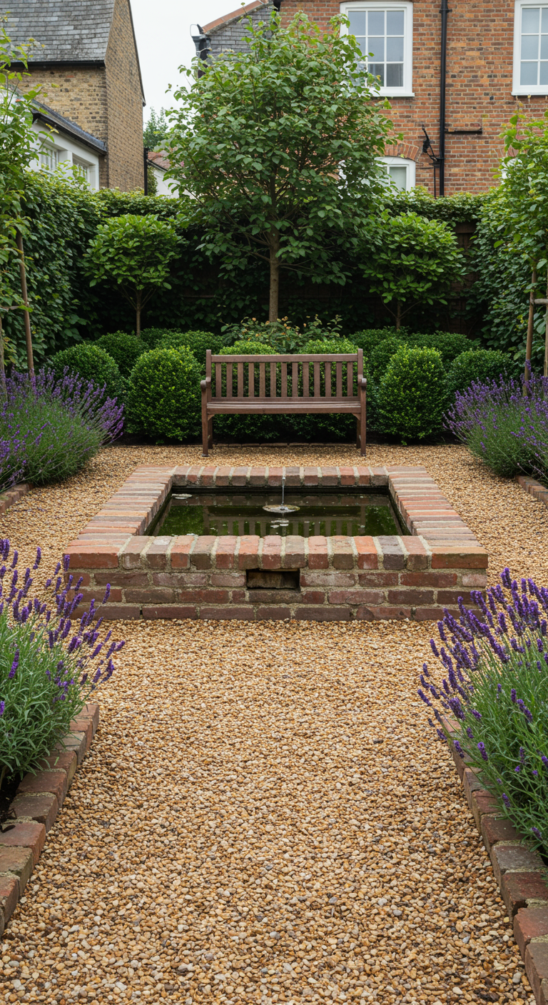 Rechthoekige minivijver met bakstenen rand en fontein in een formele tuin met lavendel.