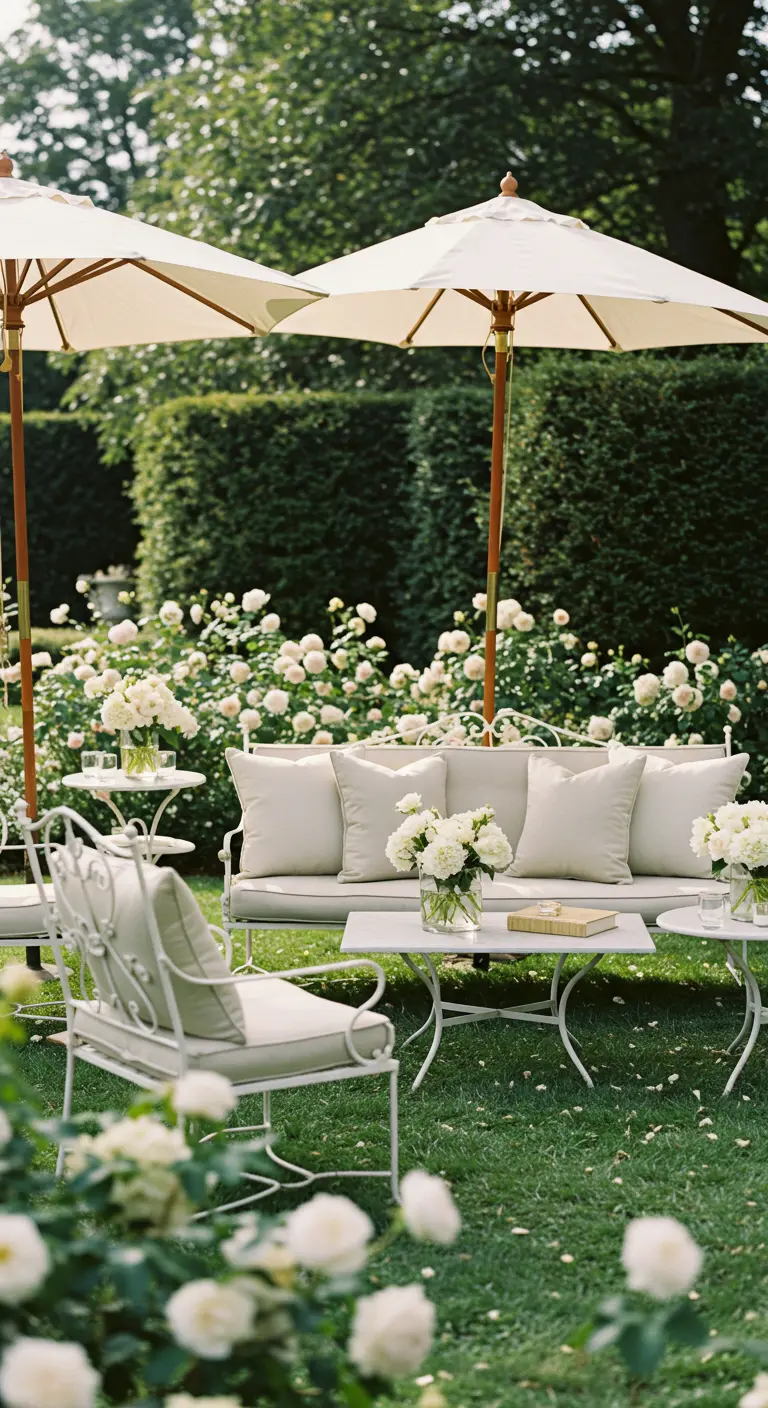 Witte smeedijzeren loungemeubels in een rozen tuin met parasols en groene hagen.