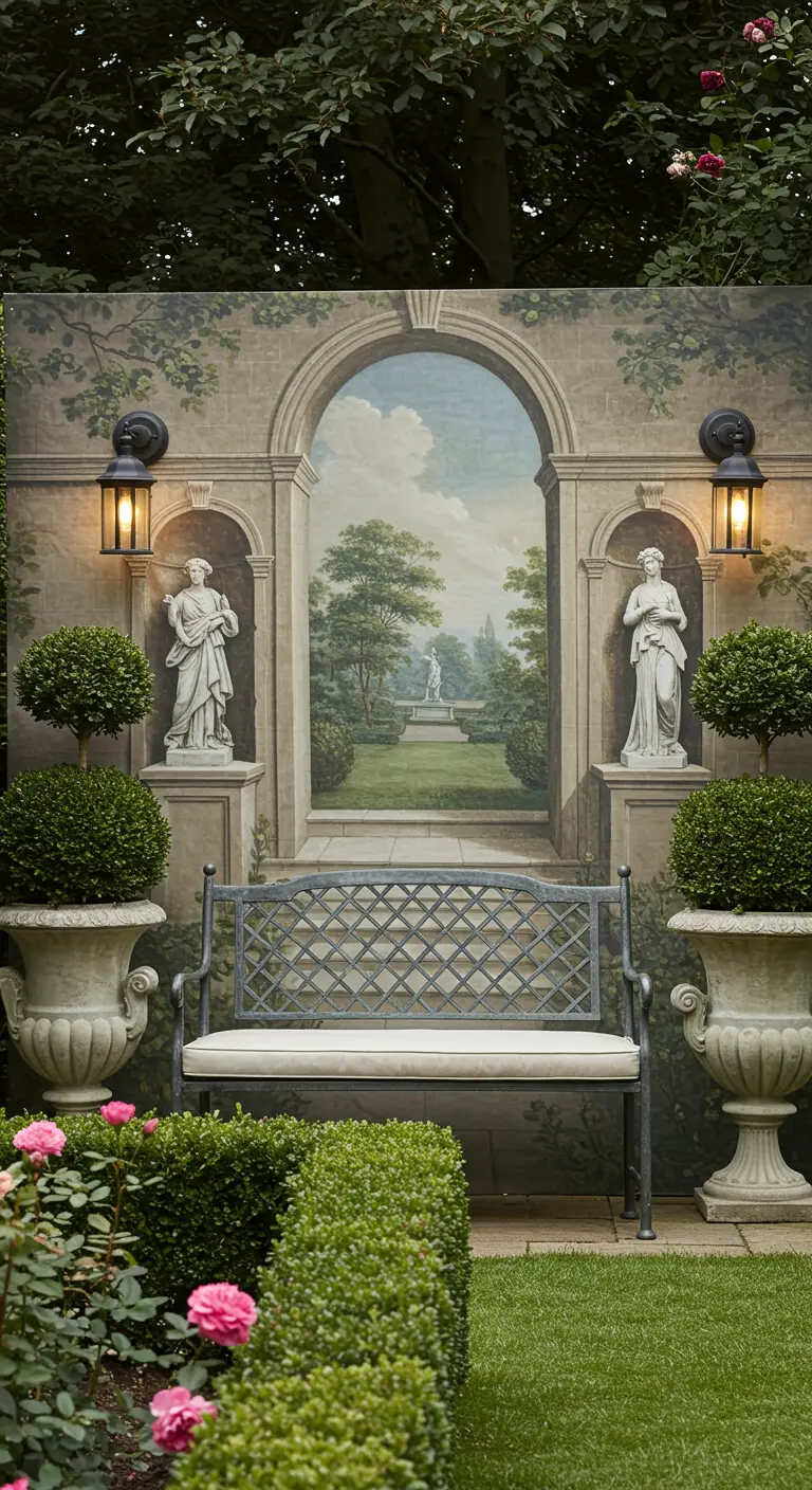 Tuinmuur met klassiek buitenbehang van een poort en standbeelden, met een tuinbank en potplanten.