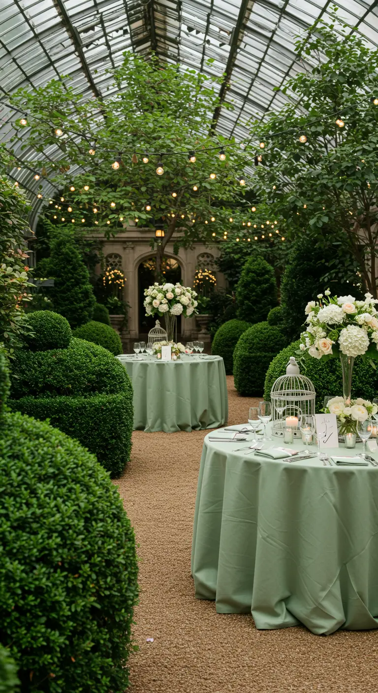 Elegante tuinreceptie met ronde tafels, groene linnen en witte bloemen in vogelkooien.