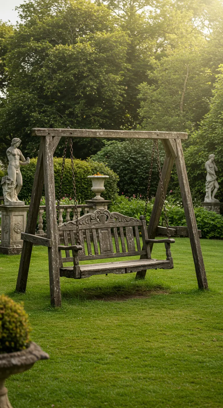 Vrijstaande houten schommelbank in een klassieke tuin met beelden.