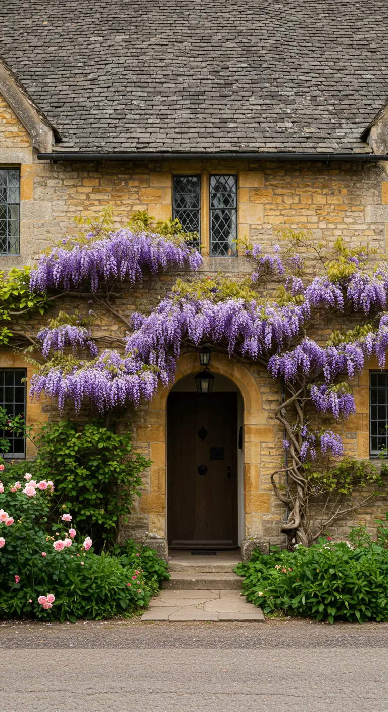 Voordeur van een stenen huis, prachtig omlijst door een oude Wisteria met paarse bloemen.