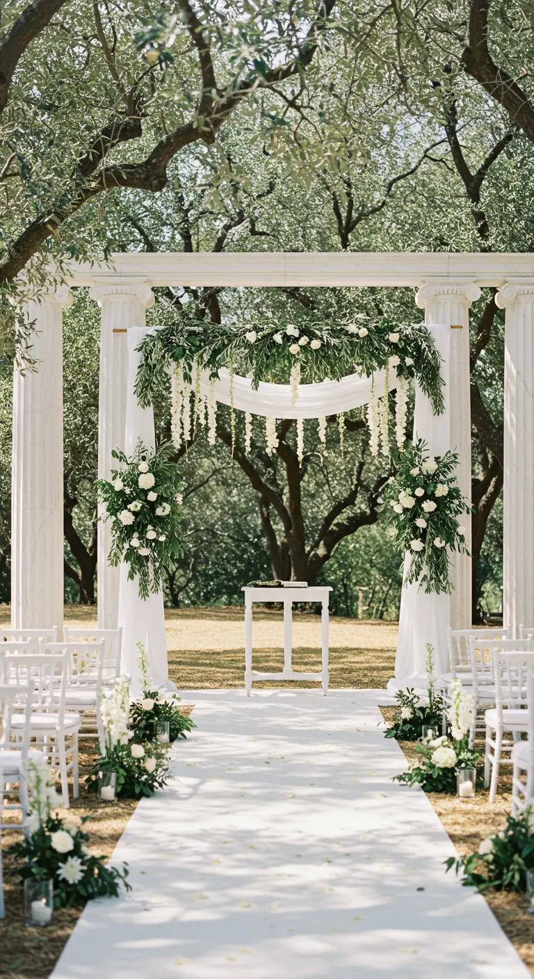 Klassieke witte ceremonieboog met zuilen, witte bloemen, groen en draperieën.