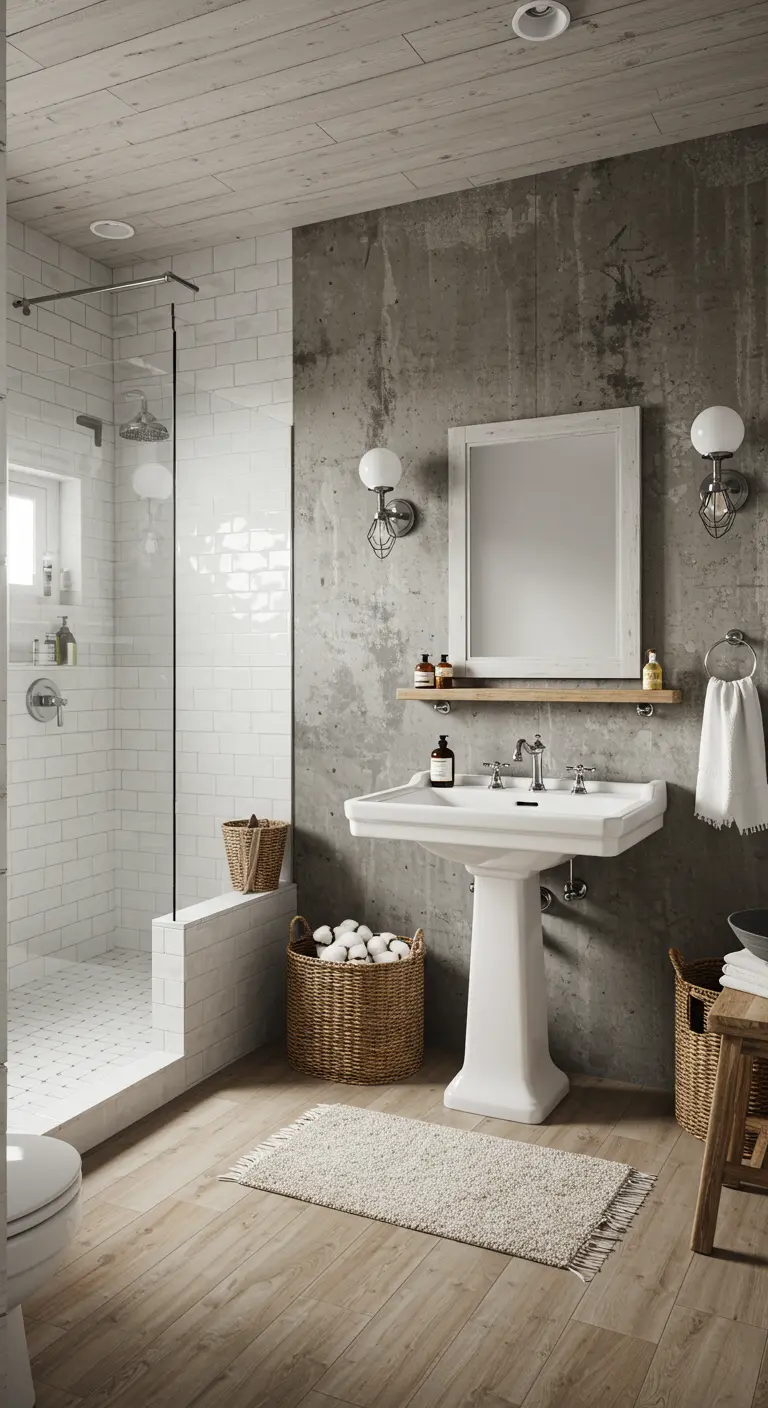 Badkamer met betonnen accentwand, witte metrotegels, en klassieke wastafel op zuil.