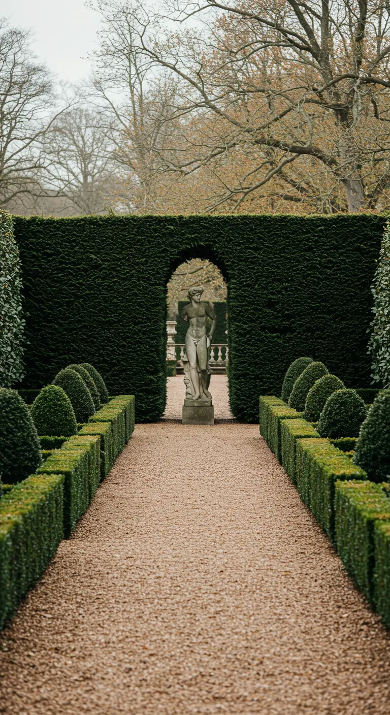 Klassiek stenen beeld van een man in een formele tuin met hoge, geschoren groene hagen.