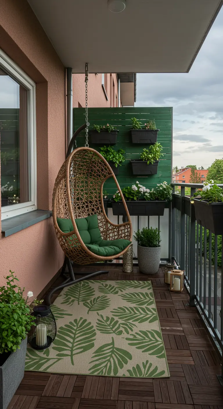 Rotan hangstoel op klein balkon met groen bedrukt kleed en veel planten in bakken en aan de muur.