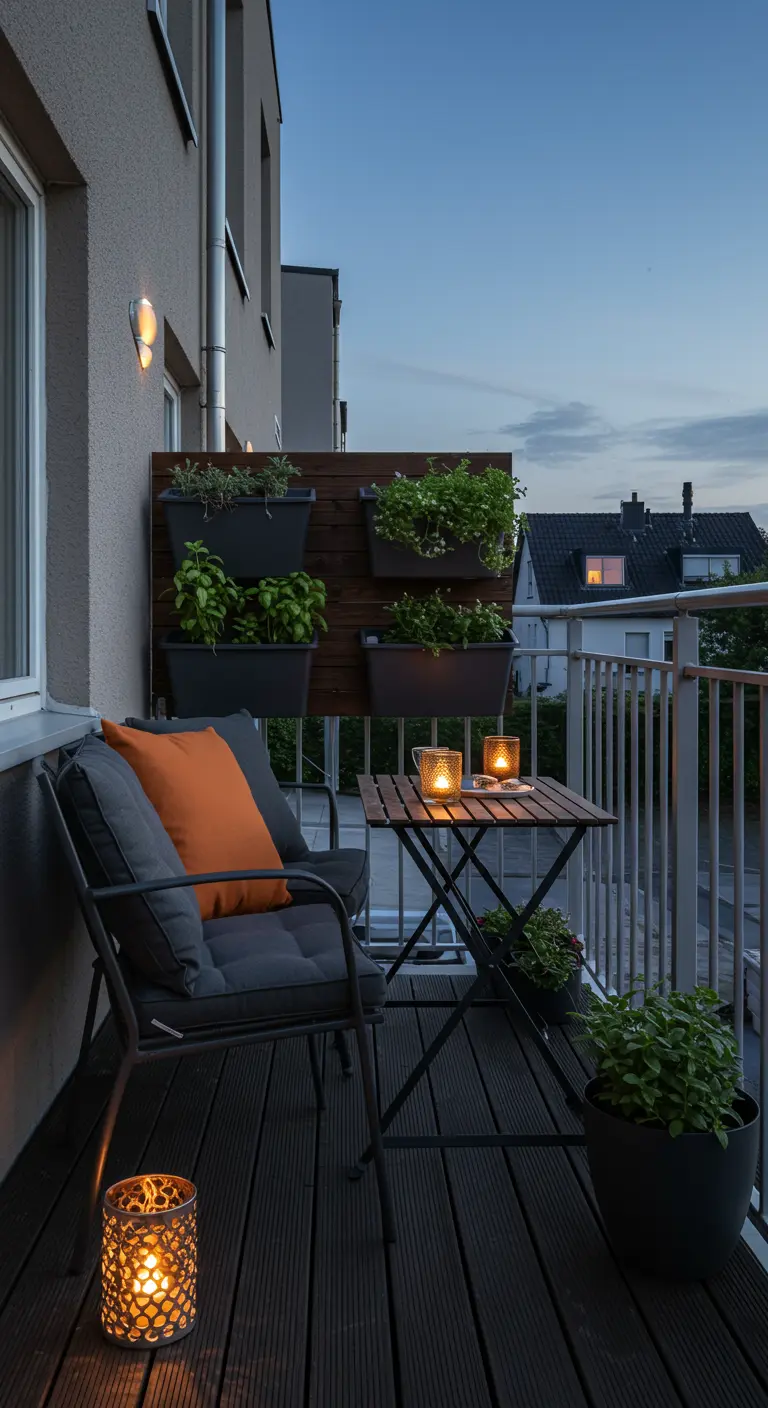 Klein balkon met twee stoelen, een oranje kussen en een verticale kruidentuin.