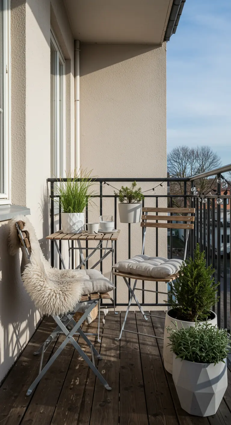 Klein balkon met houten bistroset, schapenvacht, en diverse potplanten in de zon.