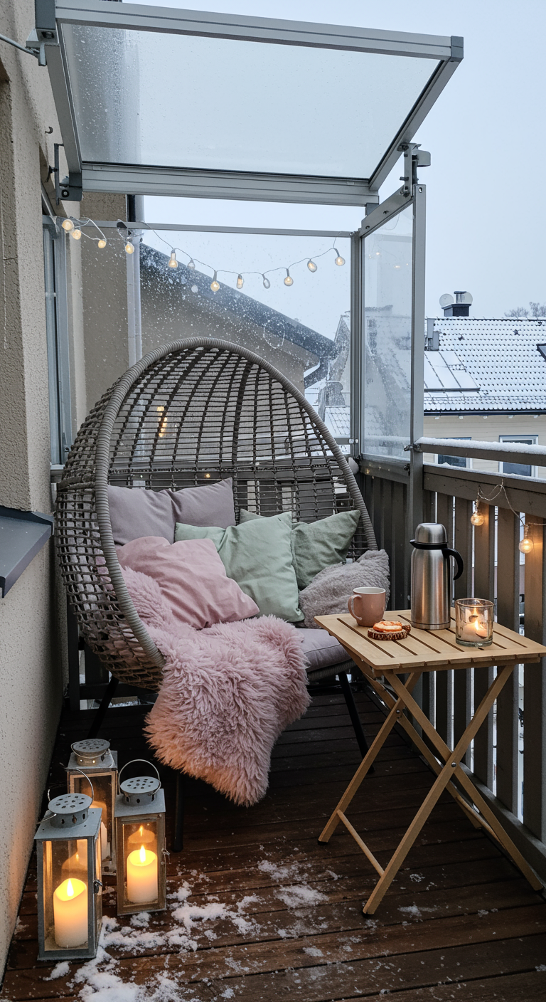 Grijze hangstoel op smal balkon met windscherm, roze plaid, lantaarns en thermoskan in wintersetting.