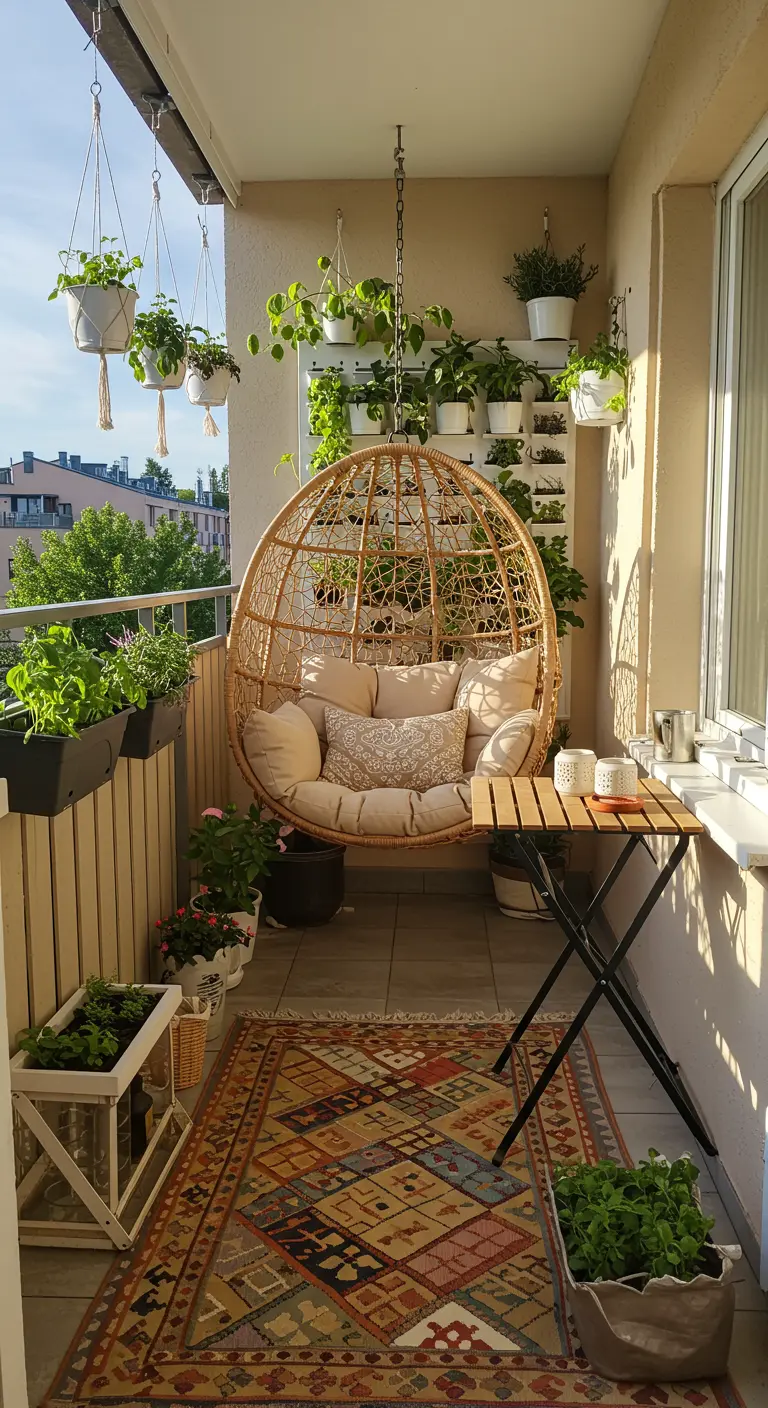 Rotan ei-hangstoel op klein balkon met veel planten, verticaal tuinieren en kleurrijk tapijt.