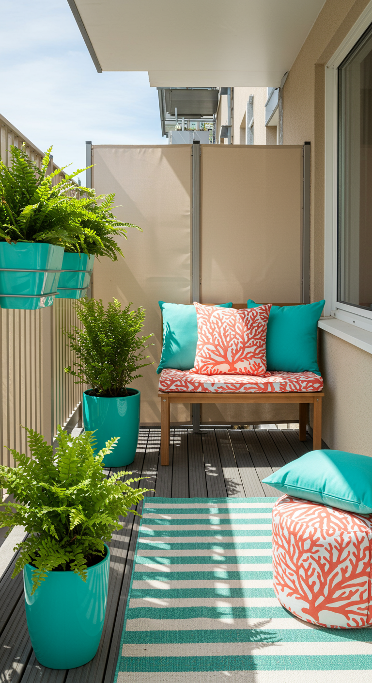 Smal balkon met houten bankje, turquoise kussens en potten, en een gestreept kleed.