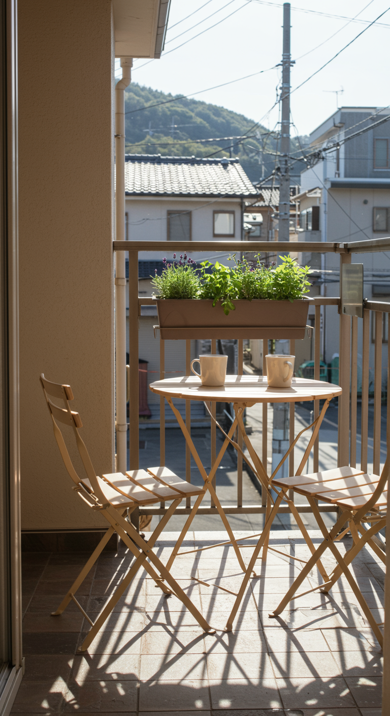 Klein balkon met een opklapbaar houten bistrosetje en een plantenbak aan de reling.