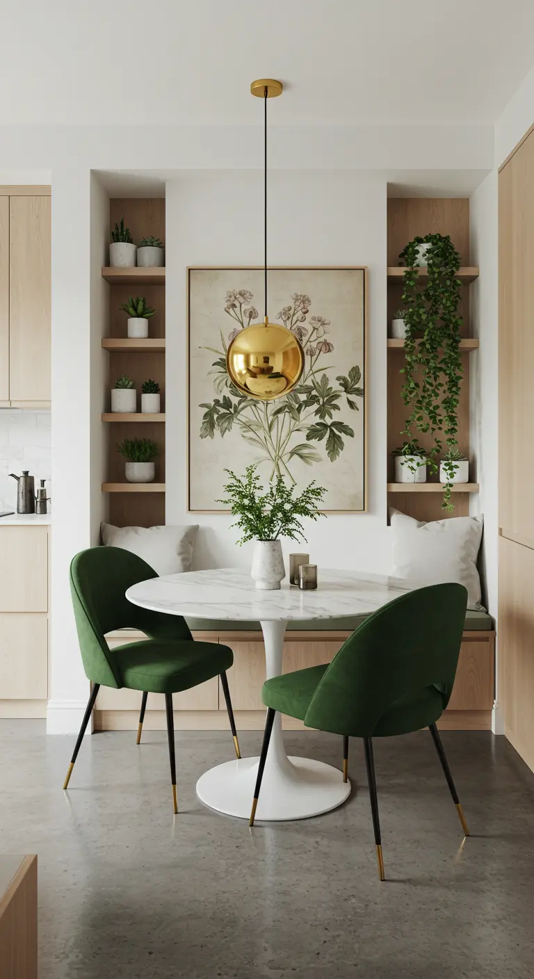 Kleine keukenhoek met marmeren ronde tafel, groene stoelen, open houten planken en een grote botanische print.