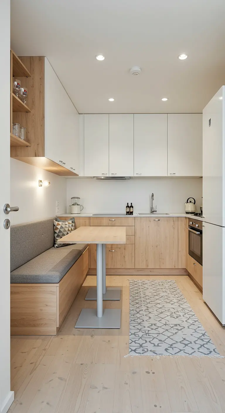 Compacte Scandinavische keuken met ingebouwd houten bankje en eethoek.