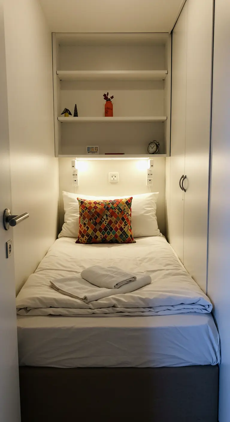 Smal bed in een witte nis, met wit beddengoed en een kleurrijk patchwork kussen.