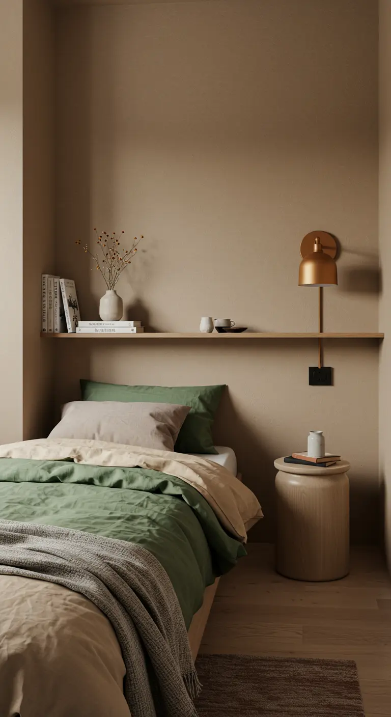 Compacte slaapkamer met zwevende plank boven bed en groen beddengoed.