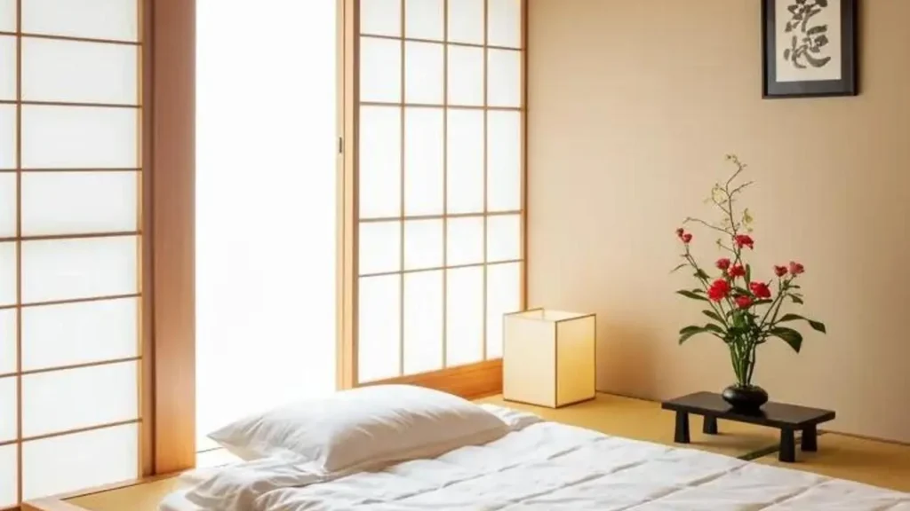 Knusse, kleine slaapkamer met tatami mat, schuifdeuren en bloemen. Ideaal voor compacte ruimtes.