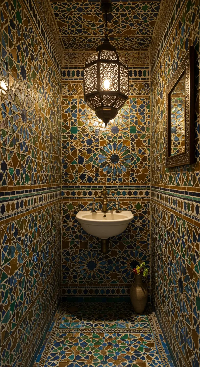Kleine badkamer met complexe, kleurrijke mozaïektegels en Marokkaanse lamp