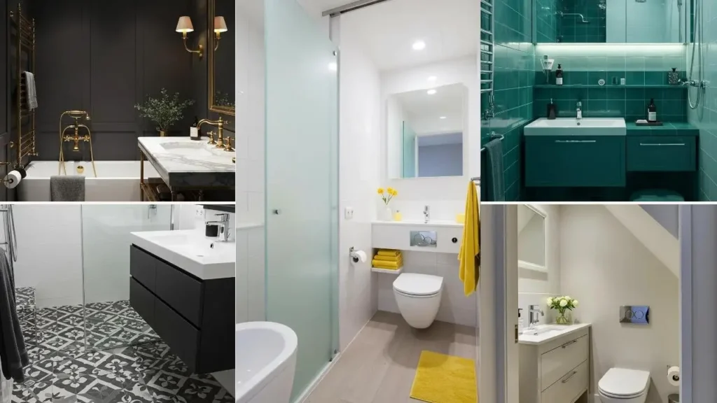 Collage van slimme kleine badkamerindelingen met bad, douche, wastafel en toilet.
