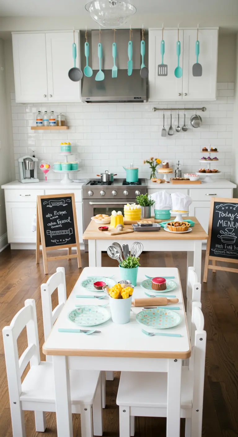 Kinderverjaardag met kookthema en mini-keuken opstelling.