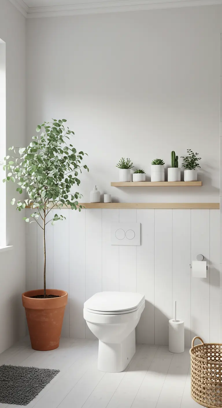 Witte badkamer met klein boompje in terracottapot en vetplanten op houten plankje