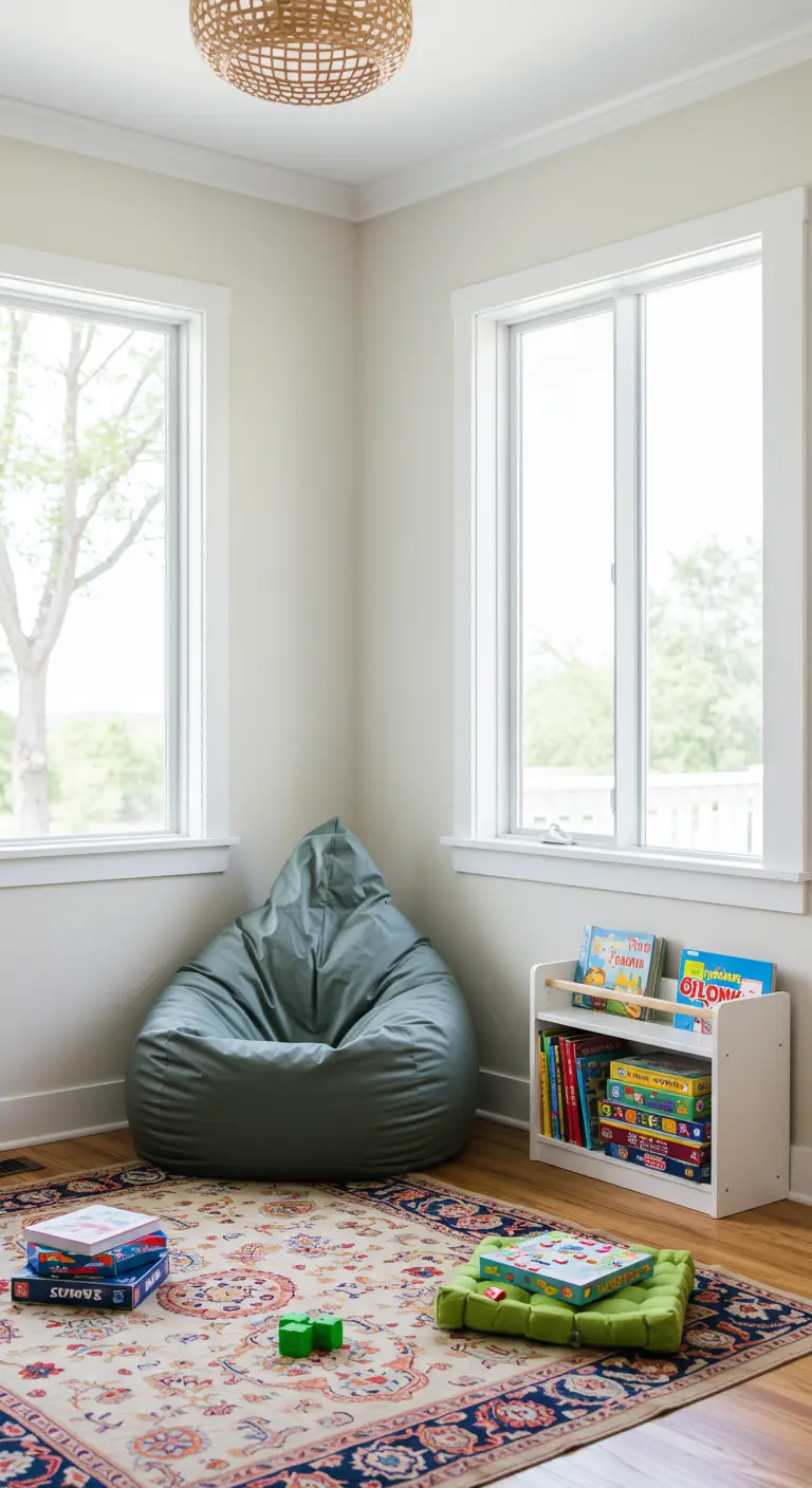 Kinderhoek met groene zitzak, laag wit boekenrek met kinderboeken en een kleurrijk tapijt.