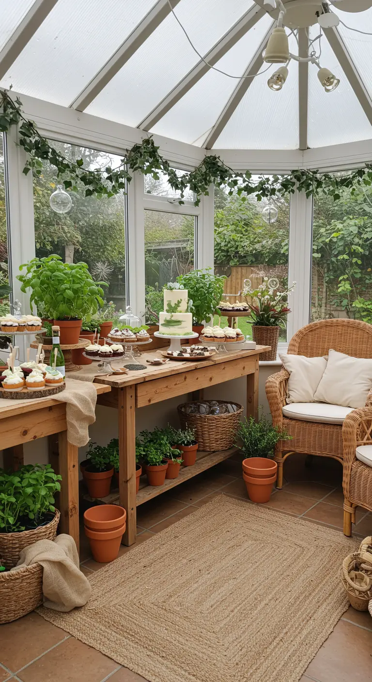 Gender reveal met kruidenthema, groene planten, terracotta potten in lichte serre.