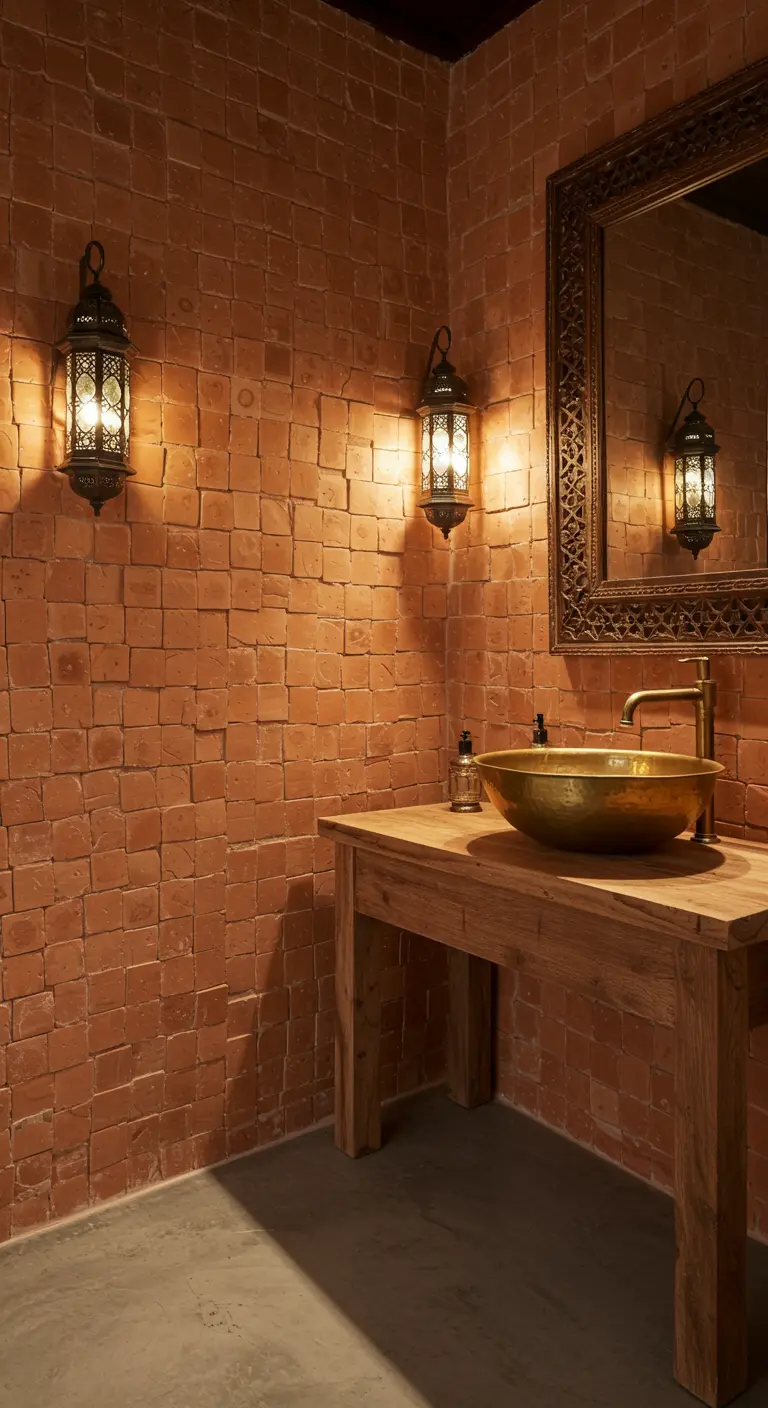 Badkamer met kleine terracotta wandtegels, houten wastafelmeubel, messing waskom, oosterse lampen.