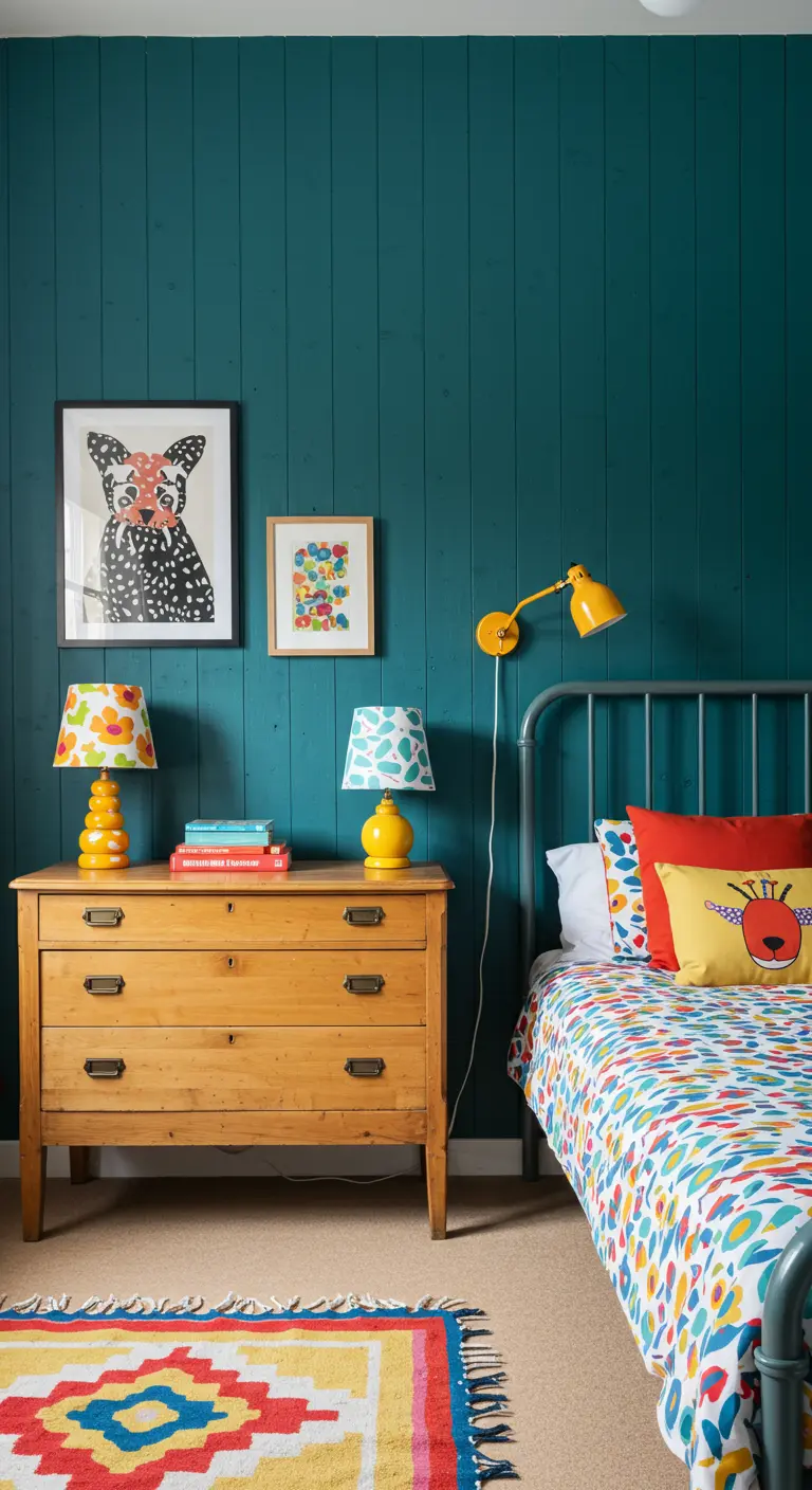 Slaapkamer met donkerblauw geverfde houten lambrisering en kleurrijke, vrolijke accenten.