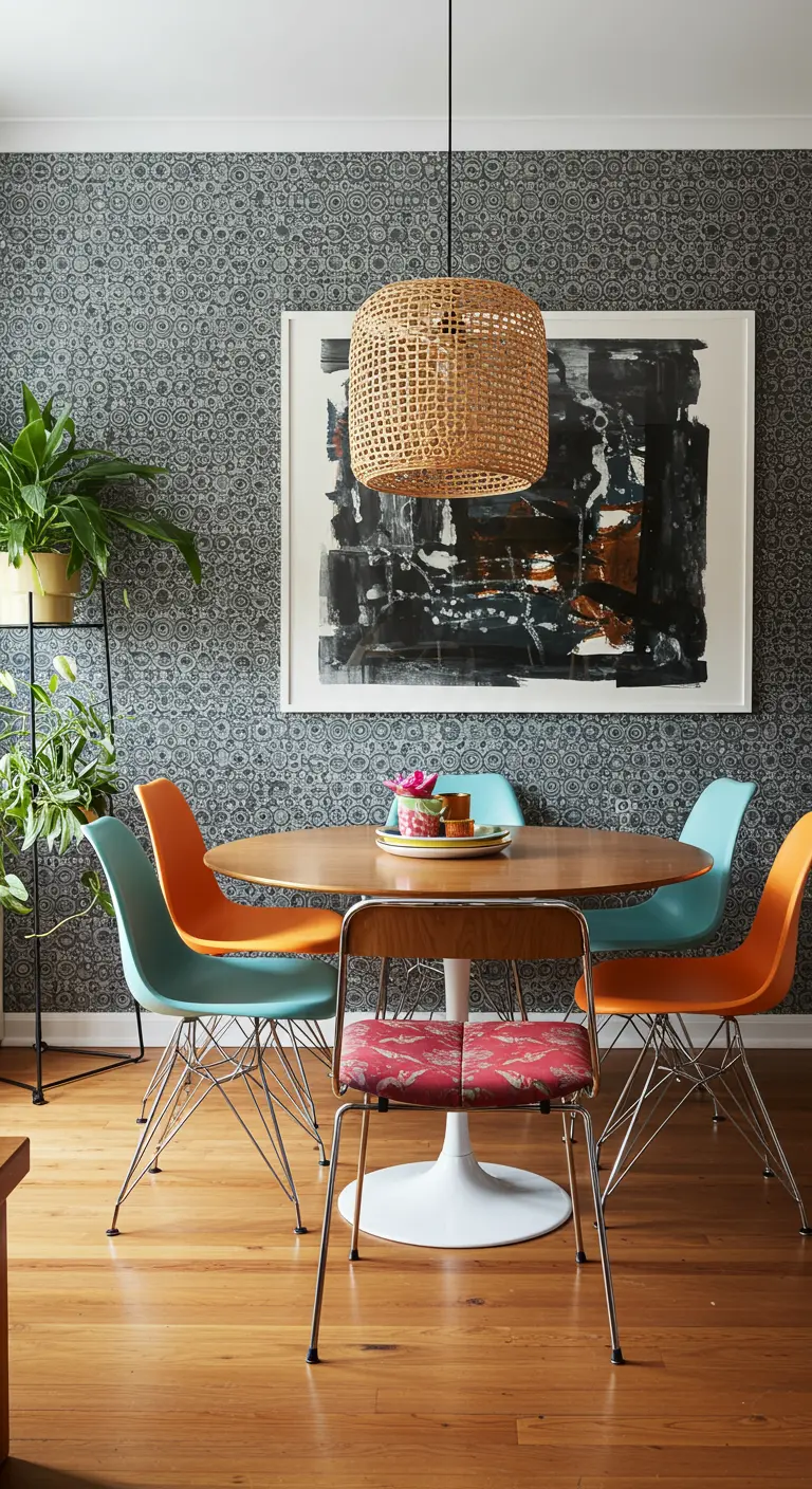 Levendige eethoek met patroonbehang, ronde tafel, kleurrijke stoelen en een grote rieten lamp.