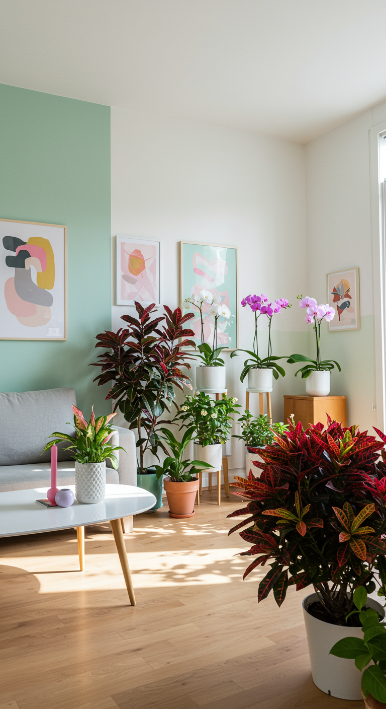Lichte woonkamer met mintgroene accentmuur en kleurrijke planten.