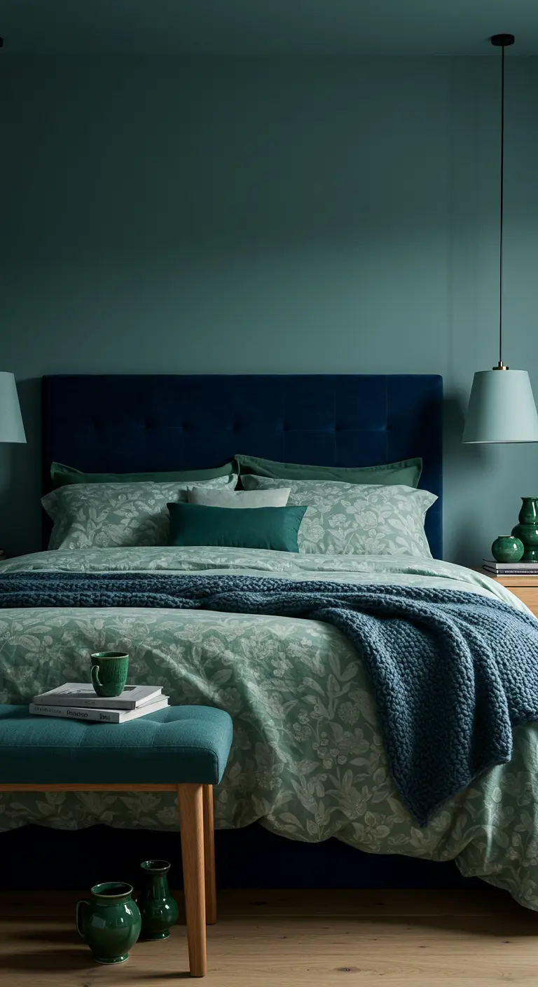Slaapkamer met beddengoed en accessoires in blauw- en groentinten.