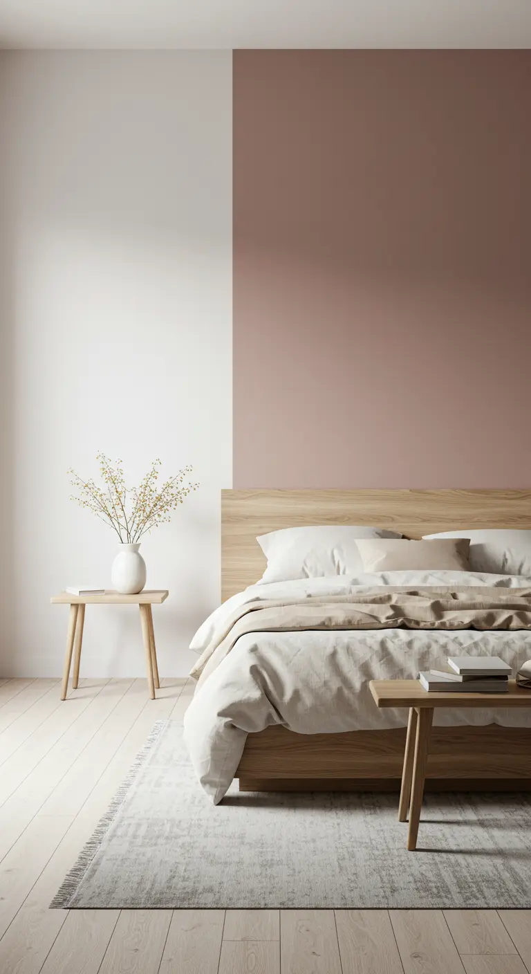 Japandi slaapkamer met wit en oudroze kleurvlak achter houten bed.