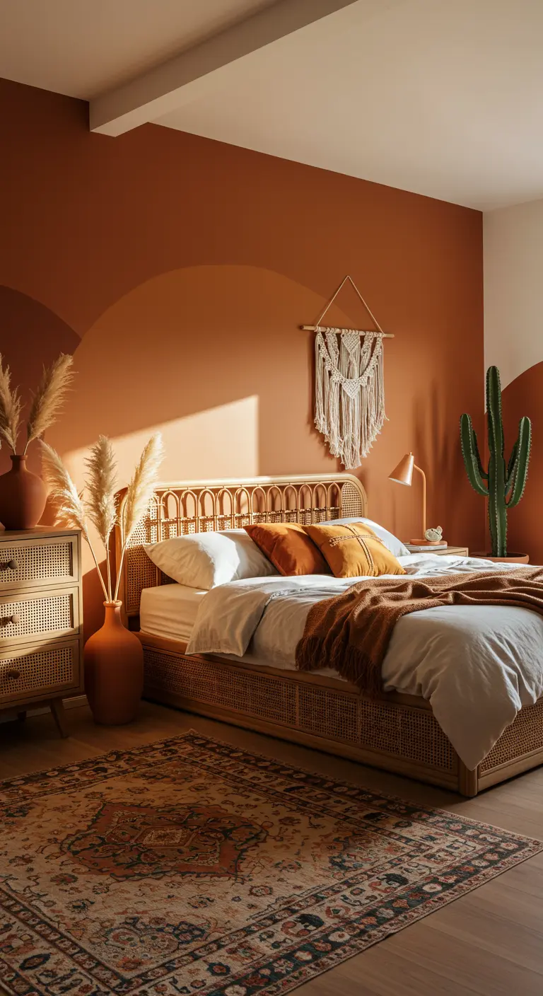 Slaapkamer met terracotta accentmuur, rotan bed, macrame wanddecoratie en pampasgras.