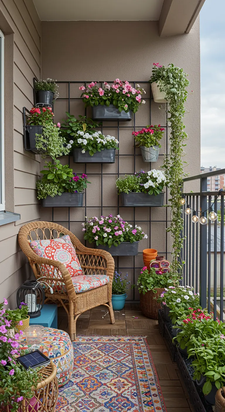Knus balkon met rotan stoel, kleurrijk kleed en wandrek met bloeiende planten.