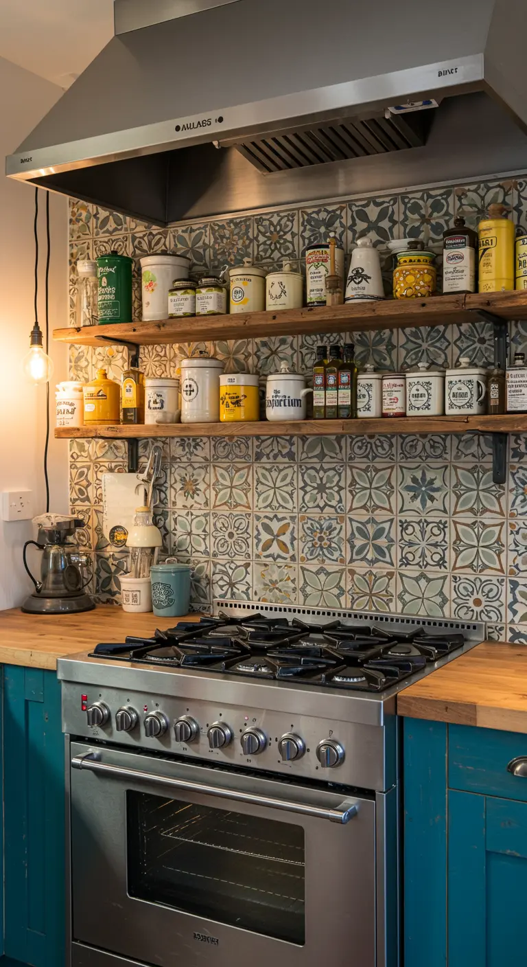 Keuken met RVS fornuis, kleurrijke patroontegels en open planken met voorraadpotten.